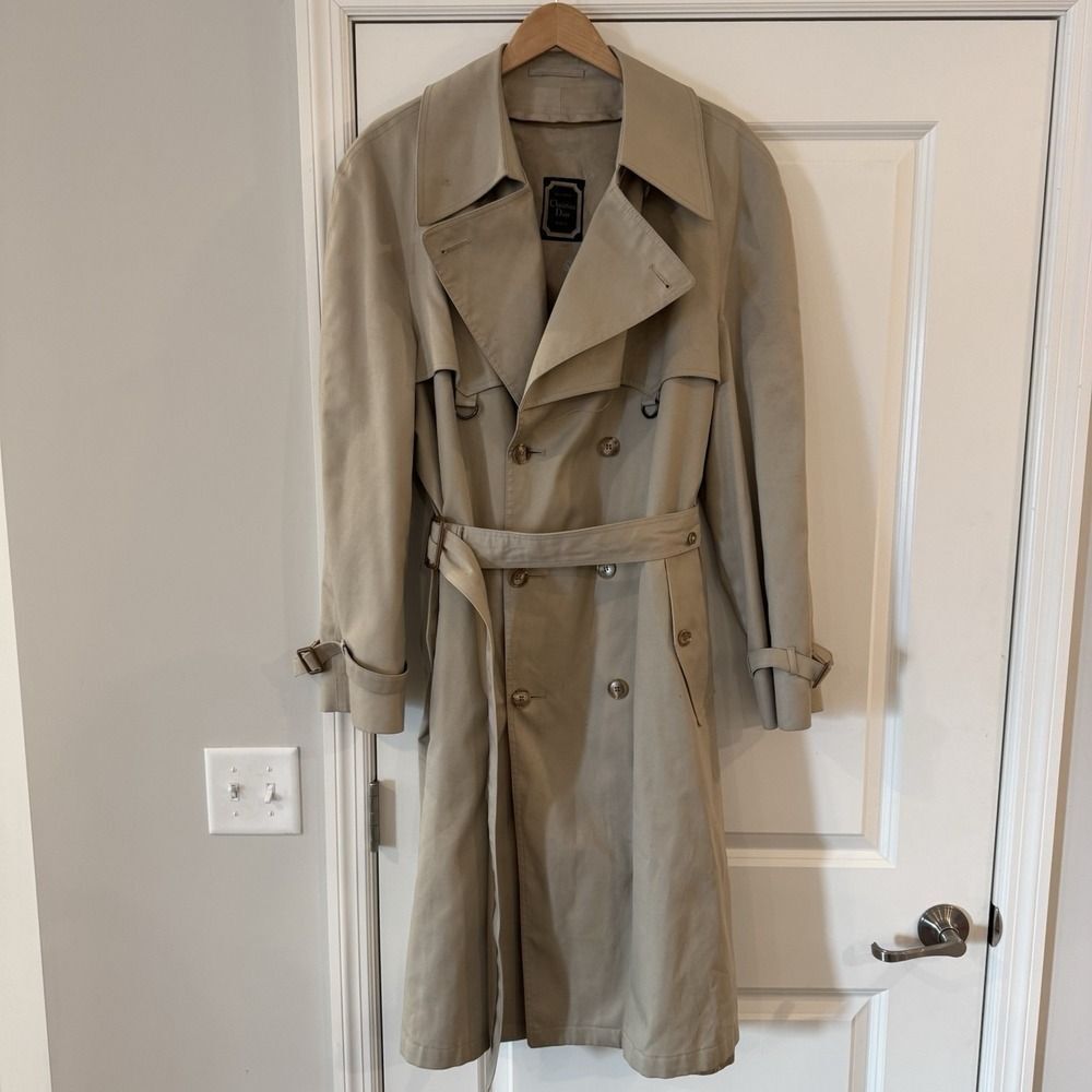 Vintage Christian Dior‎ Beige Tan Double Breasted Men's Trench Coat Jacket 44L